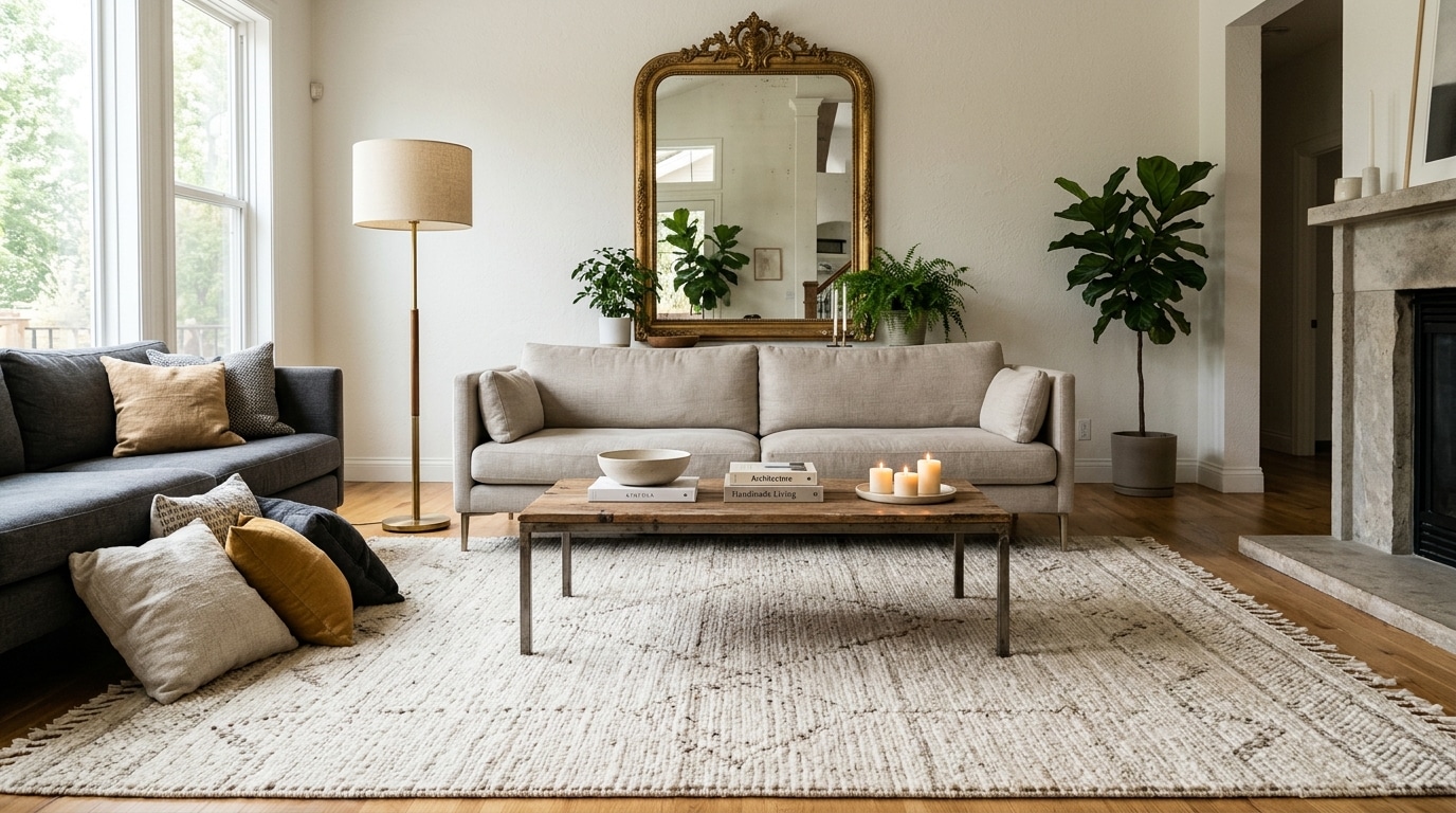 Grand tapis et luminaire dans un salon lumineux