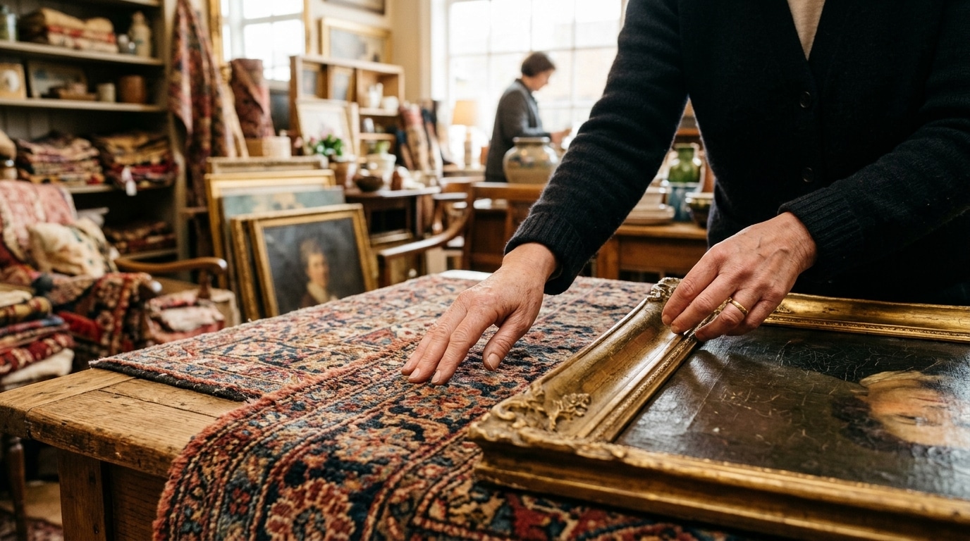 Mains inspectant un cadre ancien chez un antiquaire