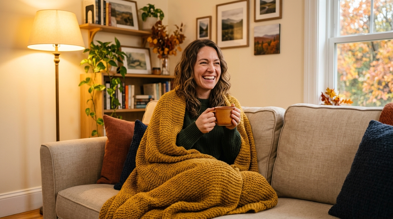 Femme enveloppée dans un plaid moutarde sur un canapé