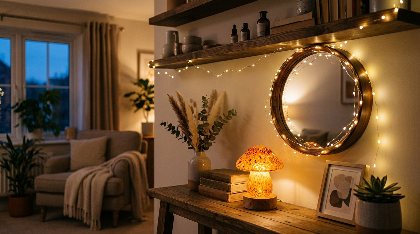 Guirlande lumineuse blanc chaud sur une étagère de salon