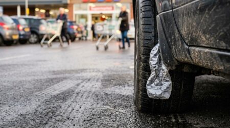 Bouteille en plastique écrasée coincée contre un pneu