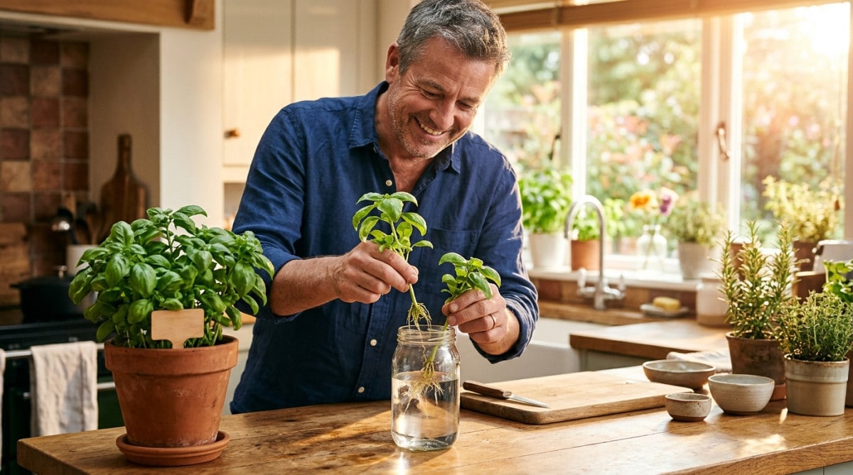 Boutures de basilic dans un verre d'eau en cuisine