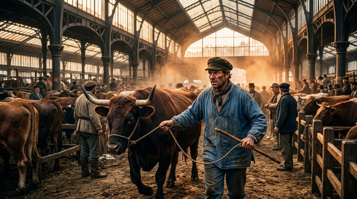 Bouvier menant un bœuf dans la halle de La Villette