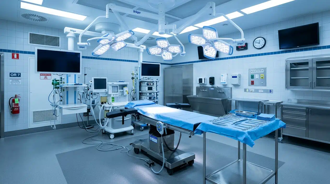 Bloc opératoire lumineux avec plateau d'instruments chirurgicaux stériles