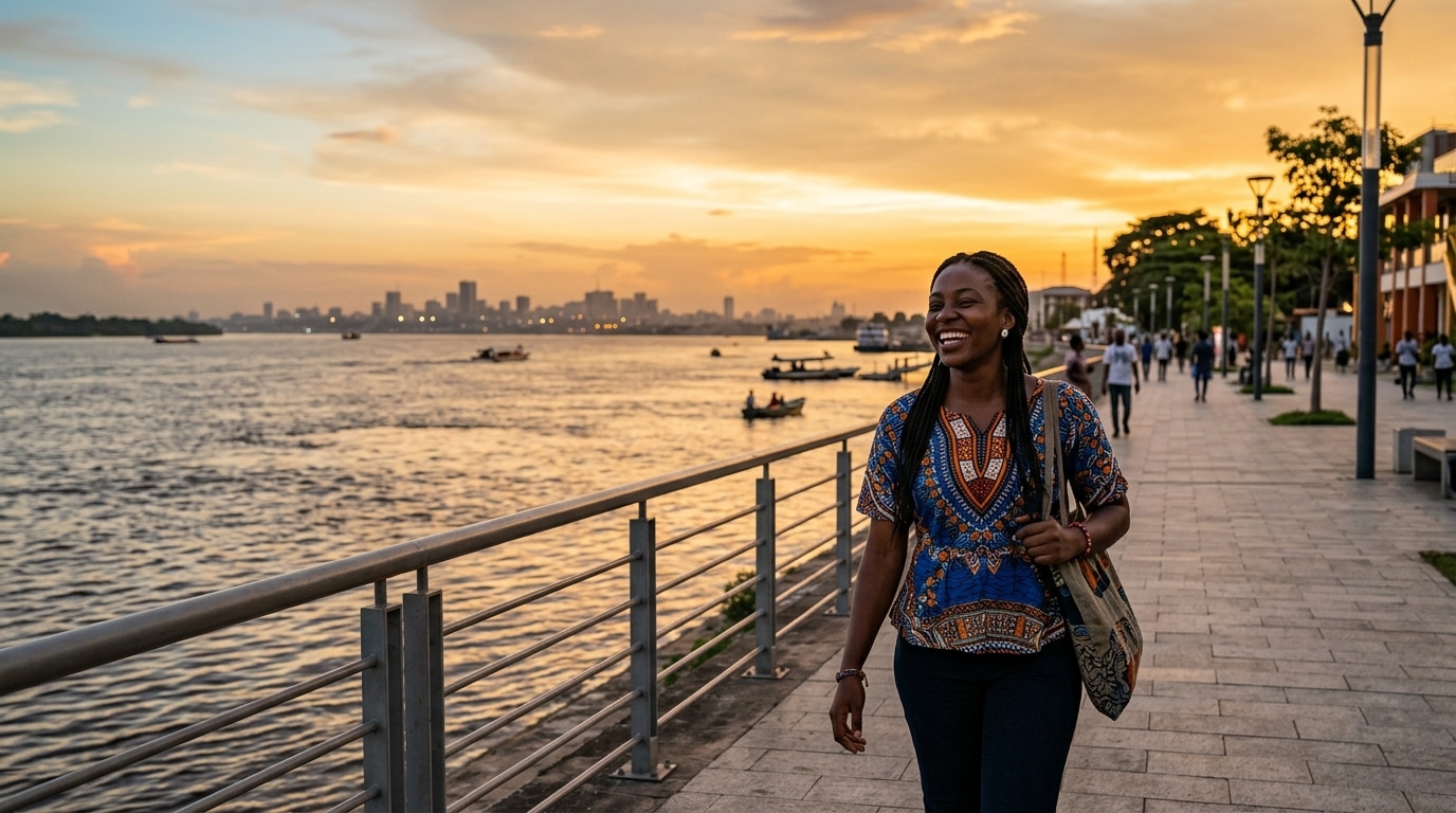 Jeune femme sur le bord du fleuve Congo à Brazzaville