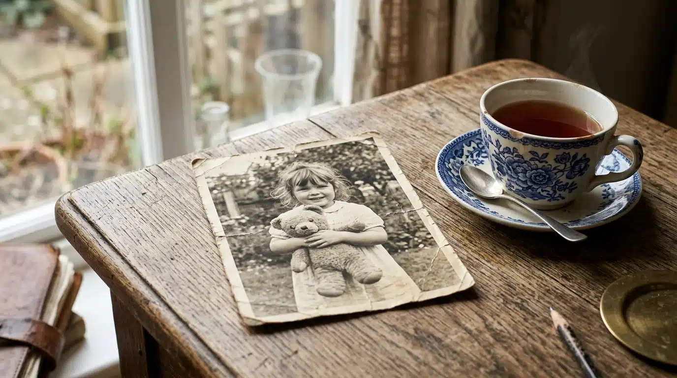 Vieille photo d'enfance jaunie posée sur une table en bois, symbole de souvenirs