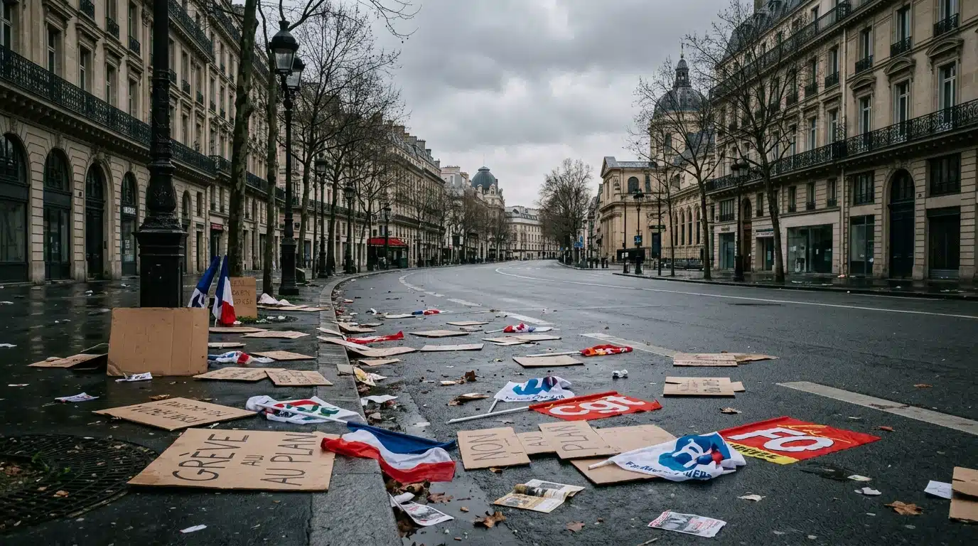 Avenue parisienne après une manifestation, pancartes vierges abandonnées sur la chaussée