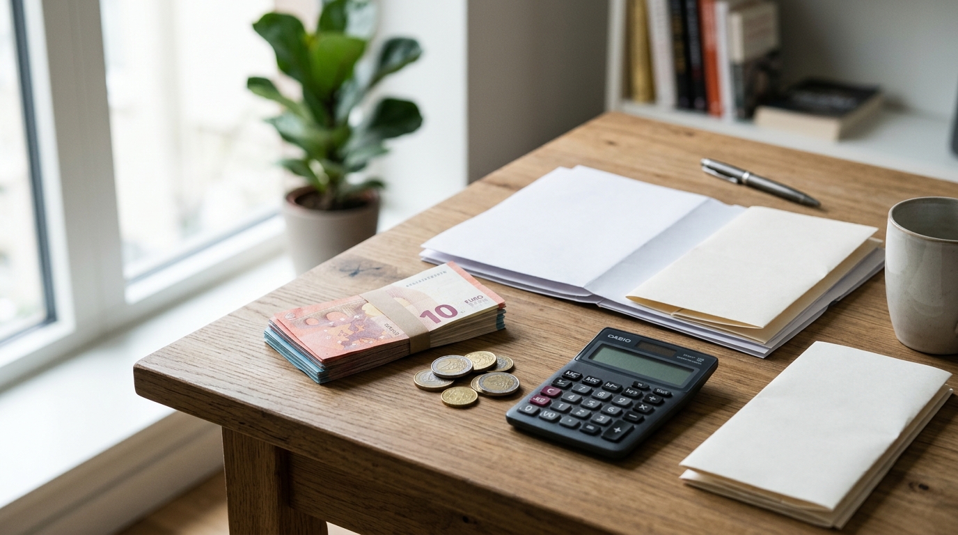 Calculatrice, billets en euros et papiers sur un bureau