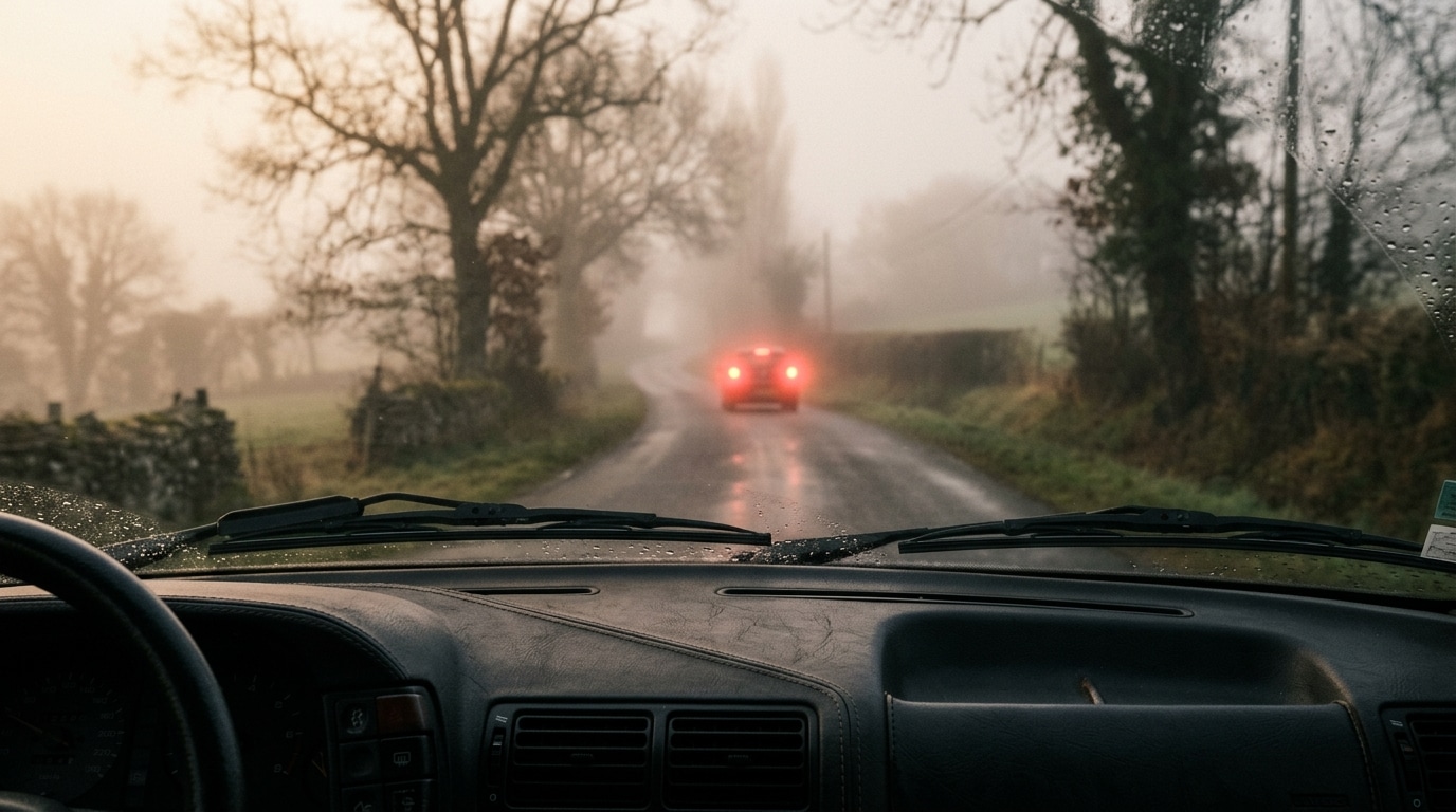 Feux arrière rouges d'une voiture dans le brouillard
