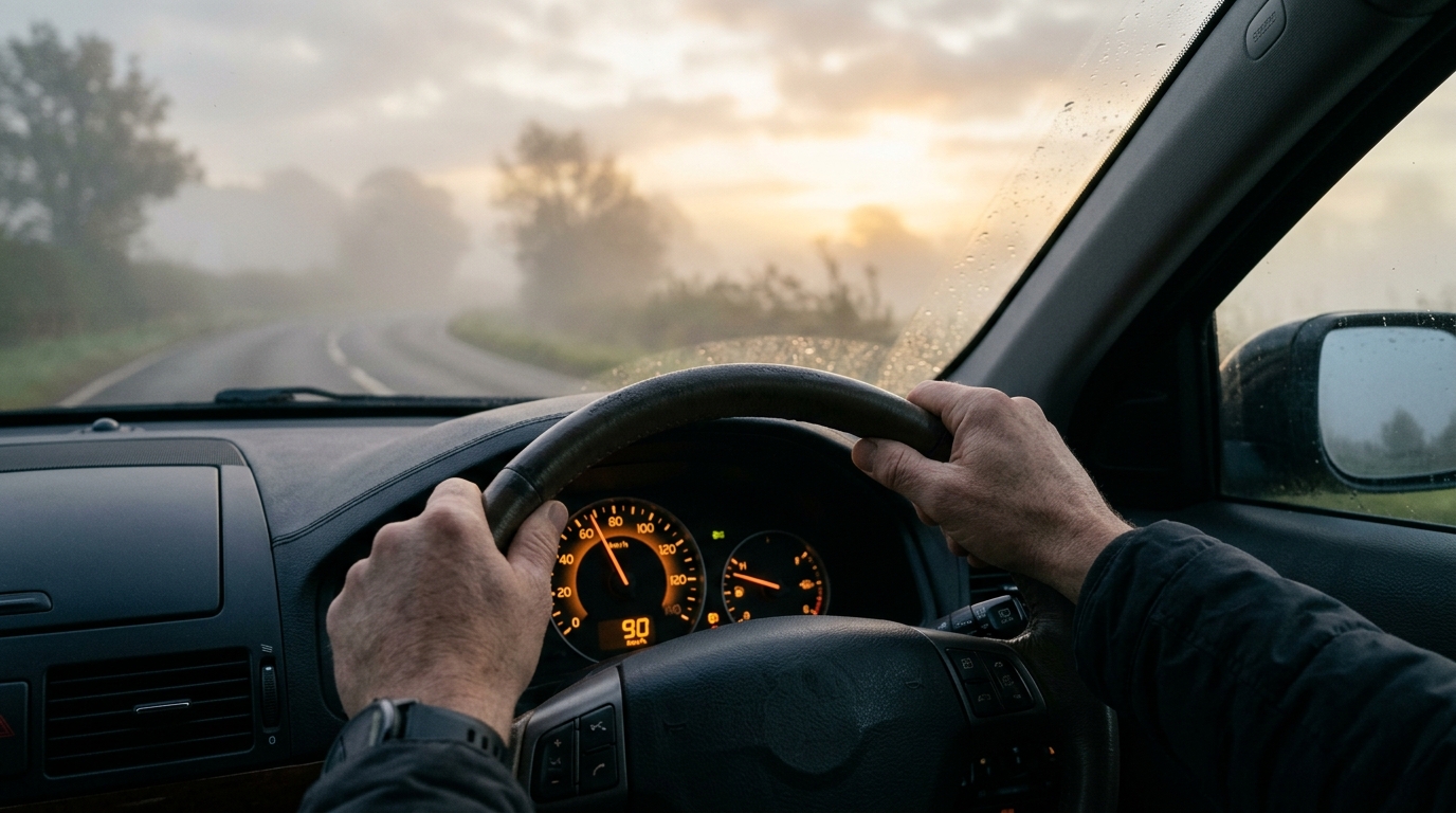 Mains au volant devant un compteur de vitesse