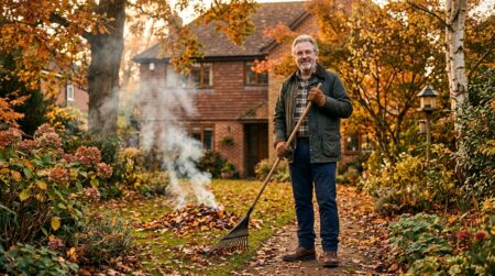 Propriétaire avec un râteau devant un tas de feuilles qui fume