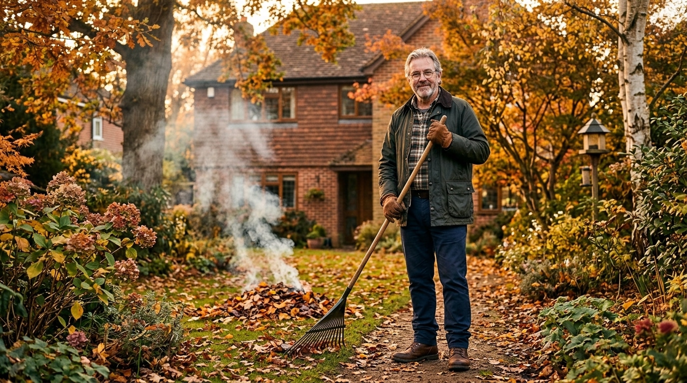 Propriétaire avec un râteau devant un tas de feuilles qui fume