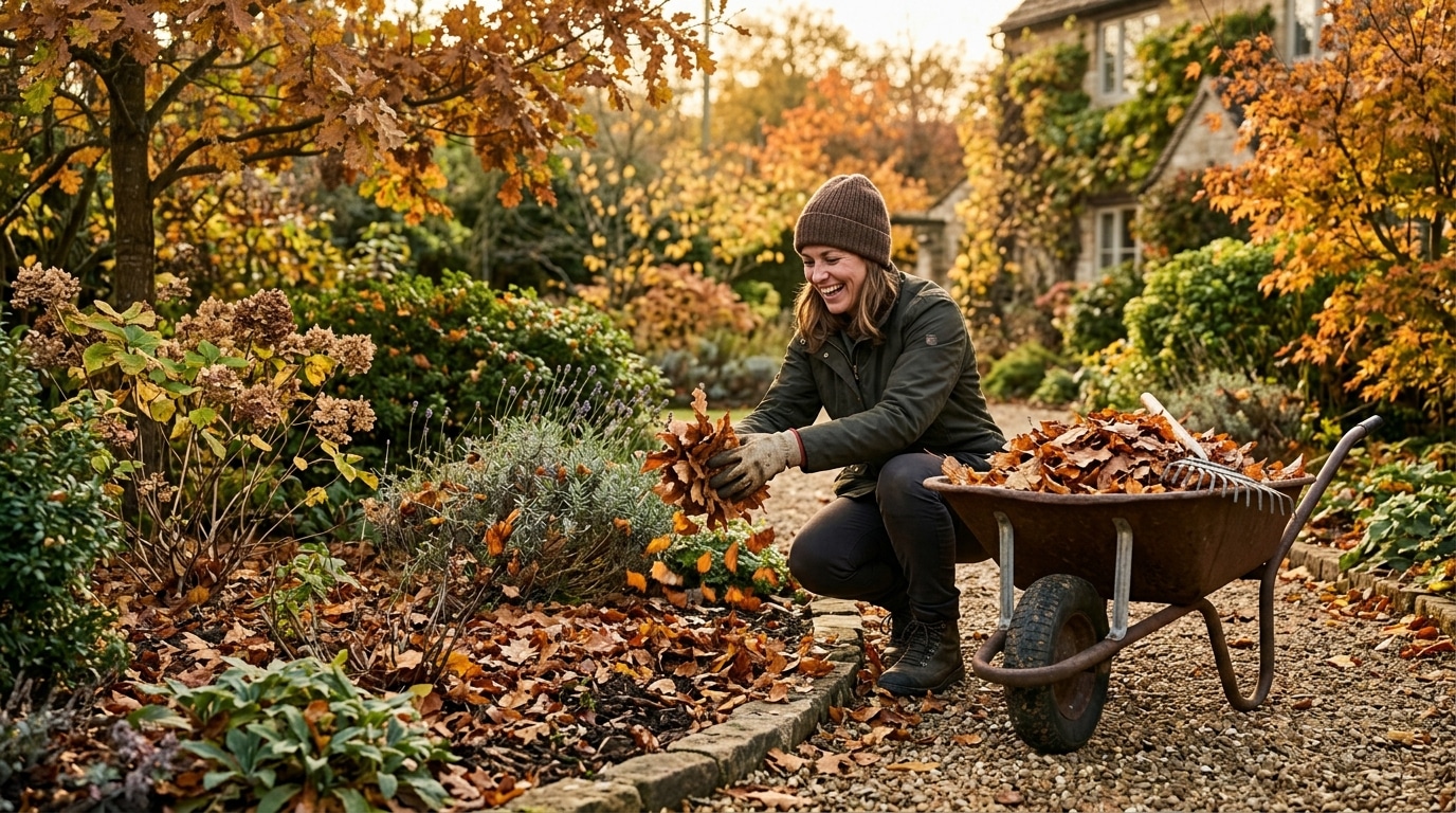 Femme étalant des feuilles mortes en paillage au jardin