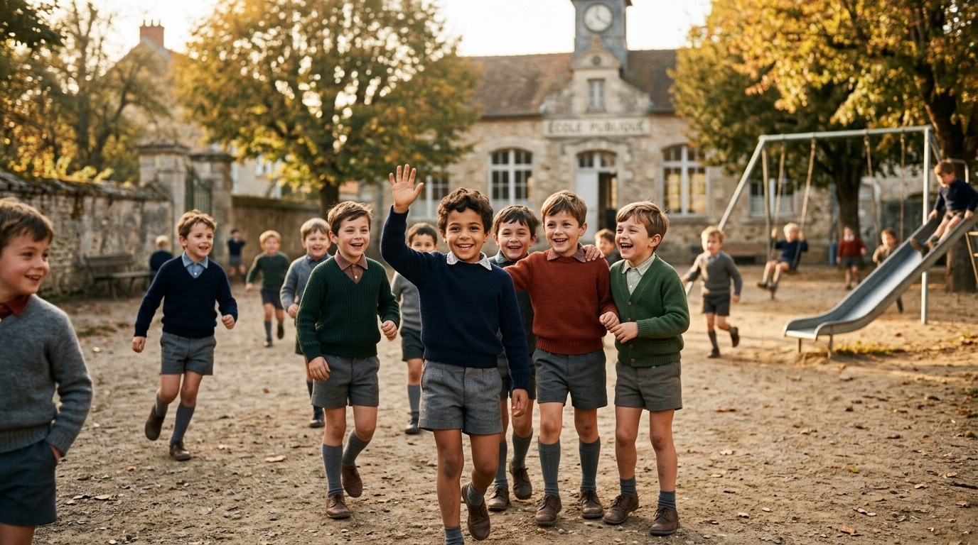 Garçons dans une cour d'école française des années 60
