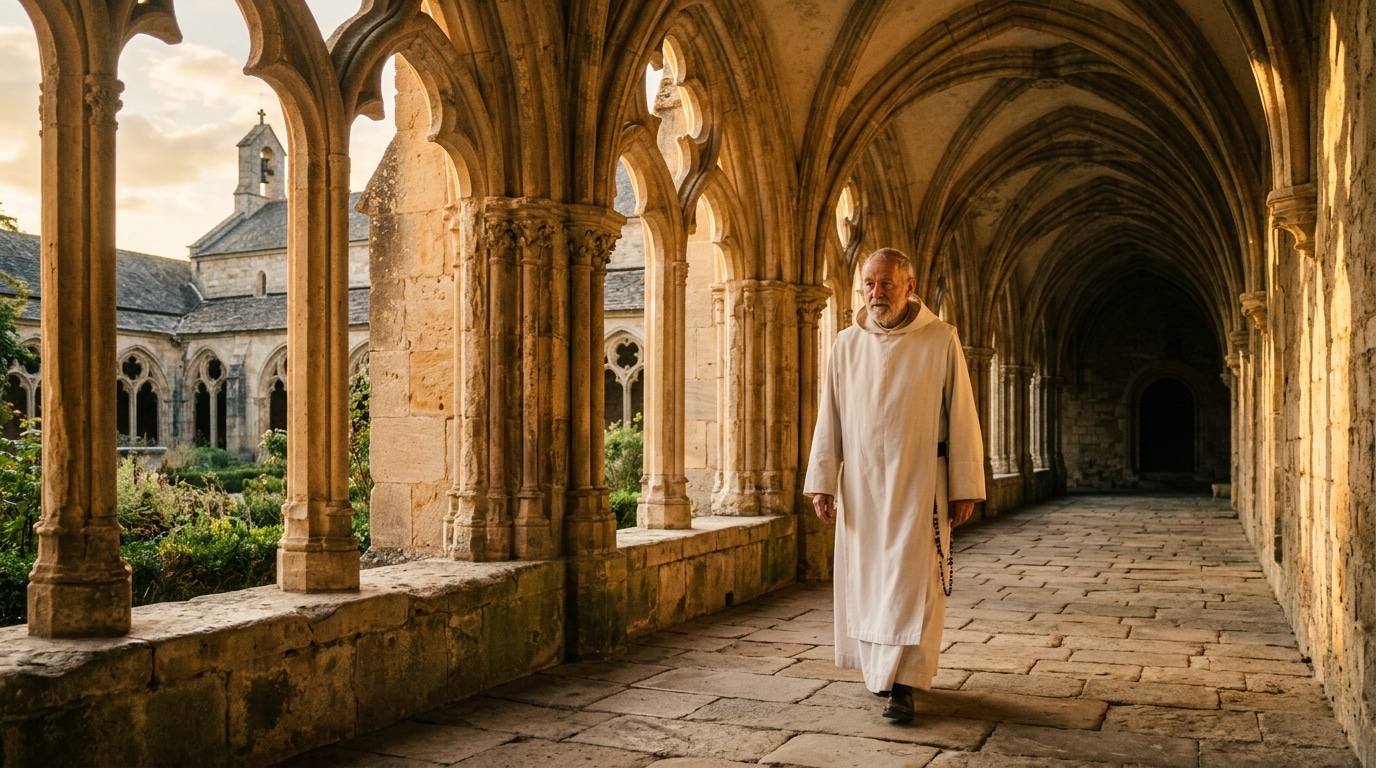 Moine chartreux marchant dans un cloître de pierre