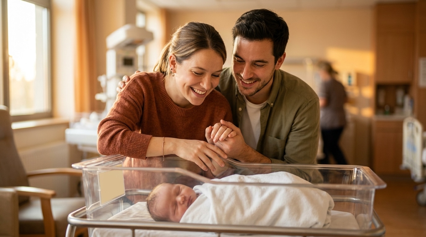 Jeune couple heureux regardant son nouveau-né en maternité