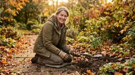 Jardinière tenant des bulbes de tulipes et narcisses en automne