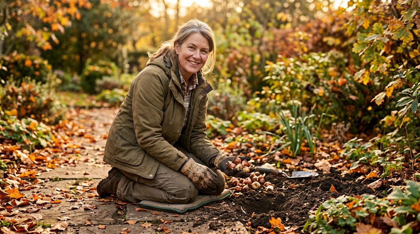 Jardinière tenant des bulbes de tulipes et narcisses en automne