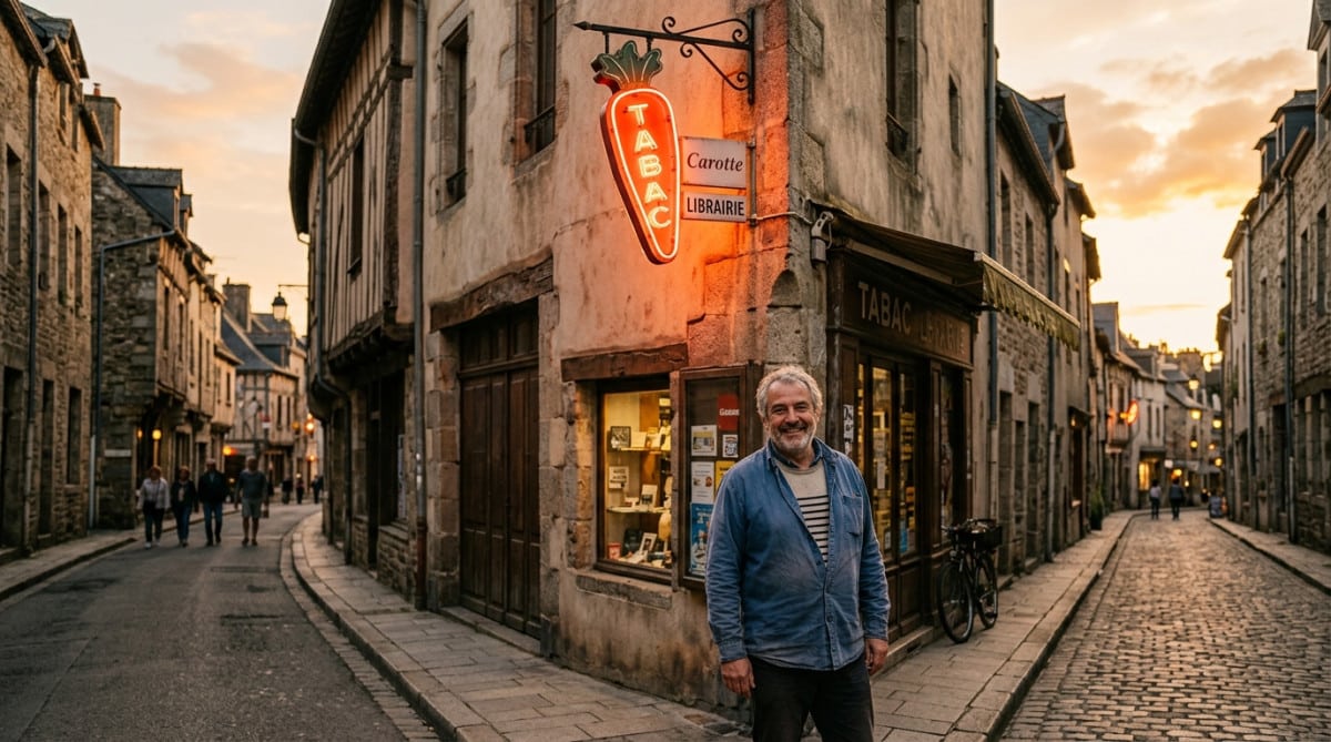 Buraliste souriant sous une carotte rouge lumineuse