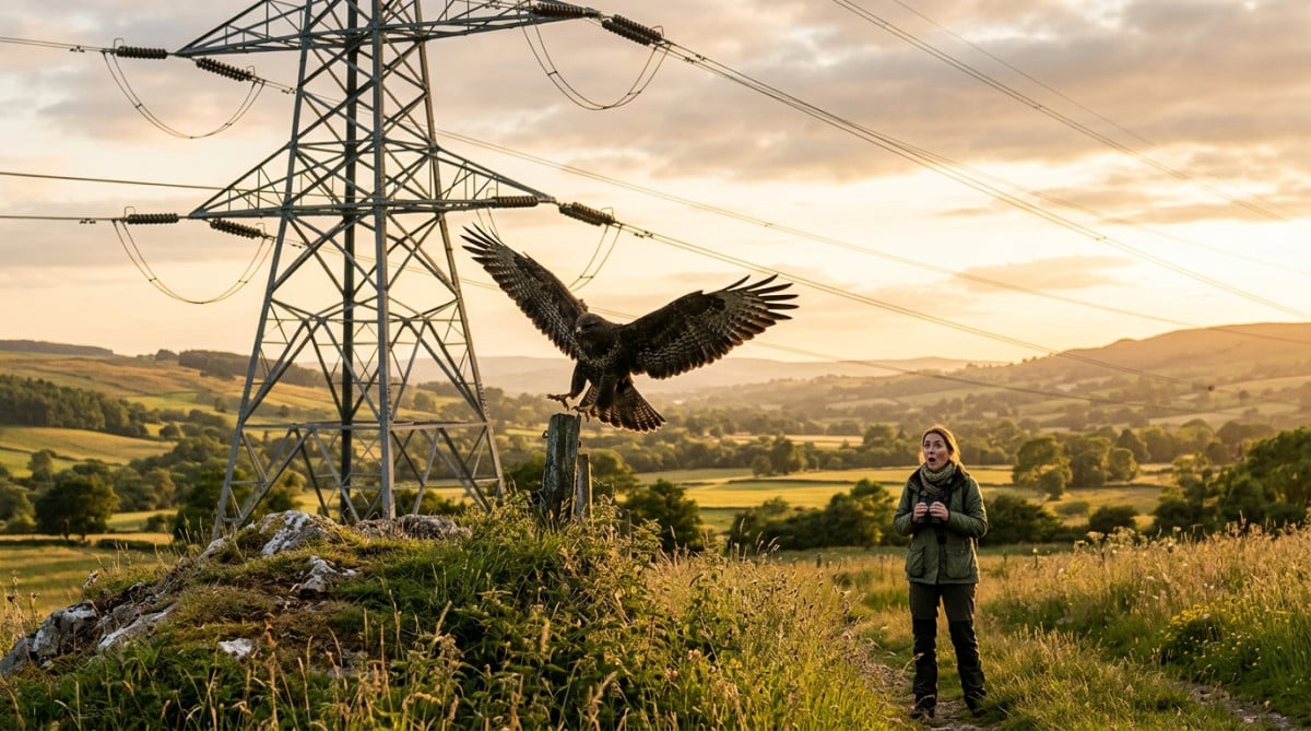 Buse aux ailes déployées près d'un pylône électrique