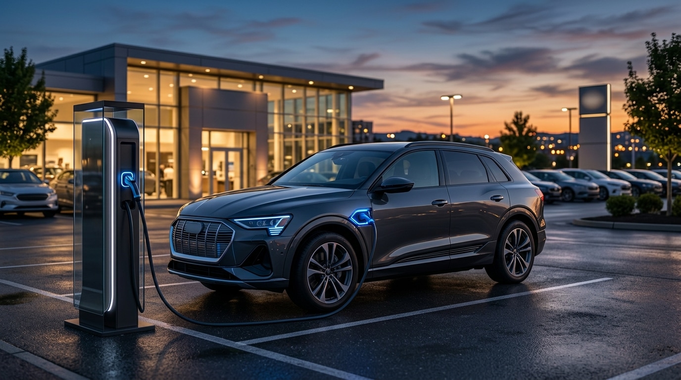 SUV électrique branché à une borne de recharge ultra rapide