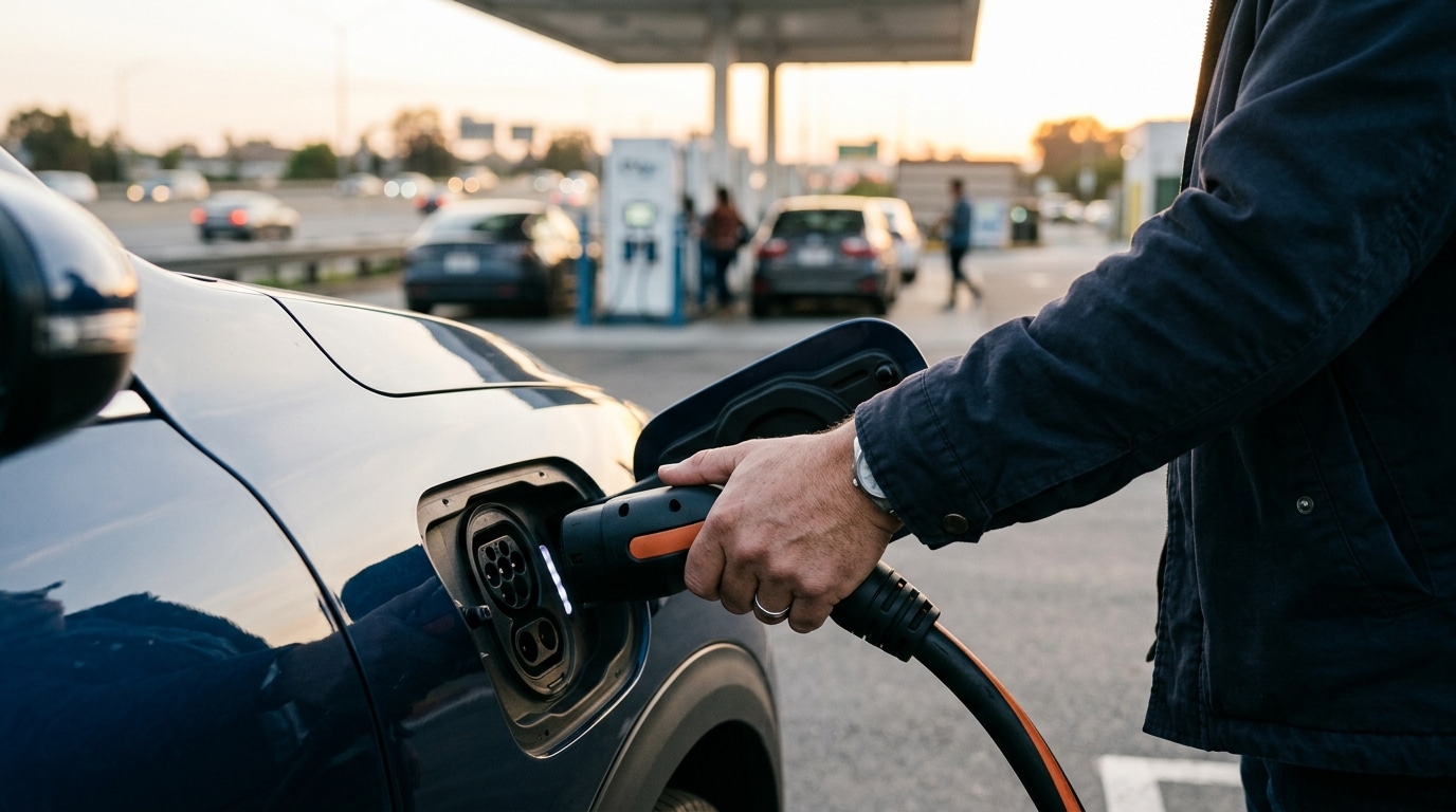 Main branchant un câble de recharge sur une voiture électrique