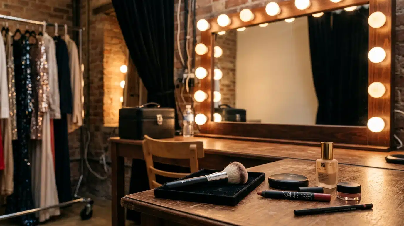 Loge de maquillage vide avec miroir éclairé et pinceau posé sur la coiffeuse