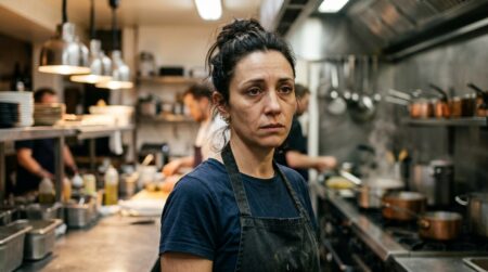 Employé de cuisine au visage fatigué et inquiet