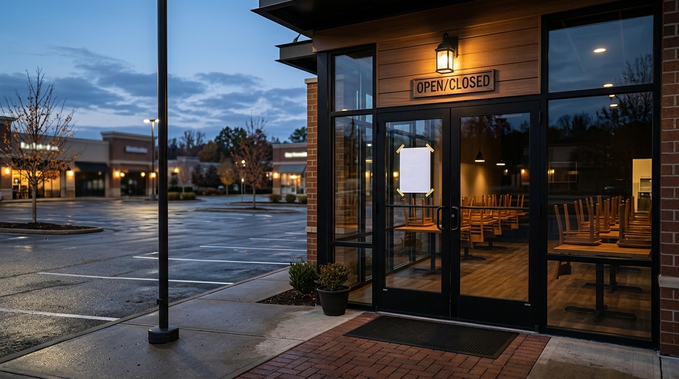 Entrée d'un restaurant fermé en zone commerciale au crépuscule