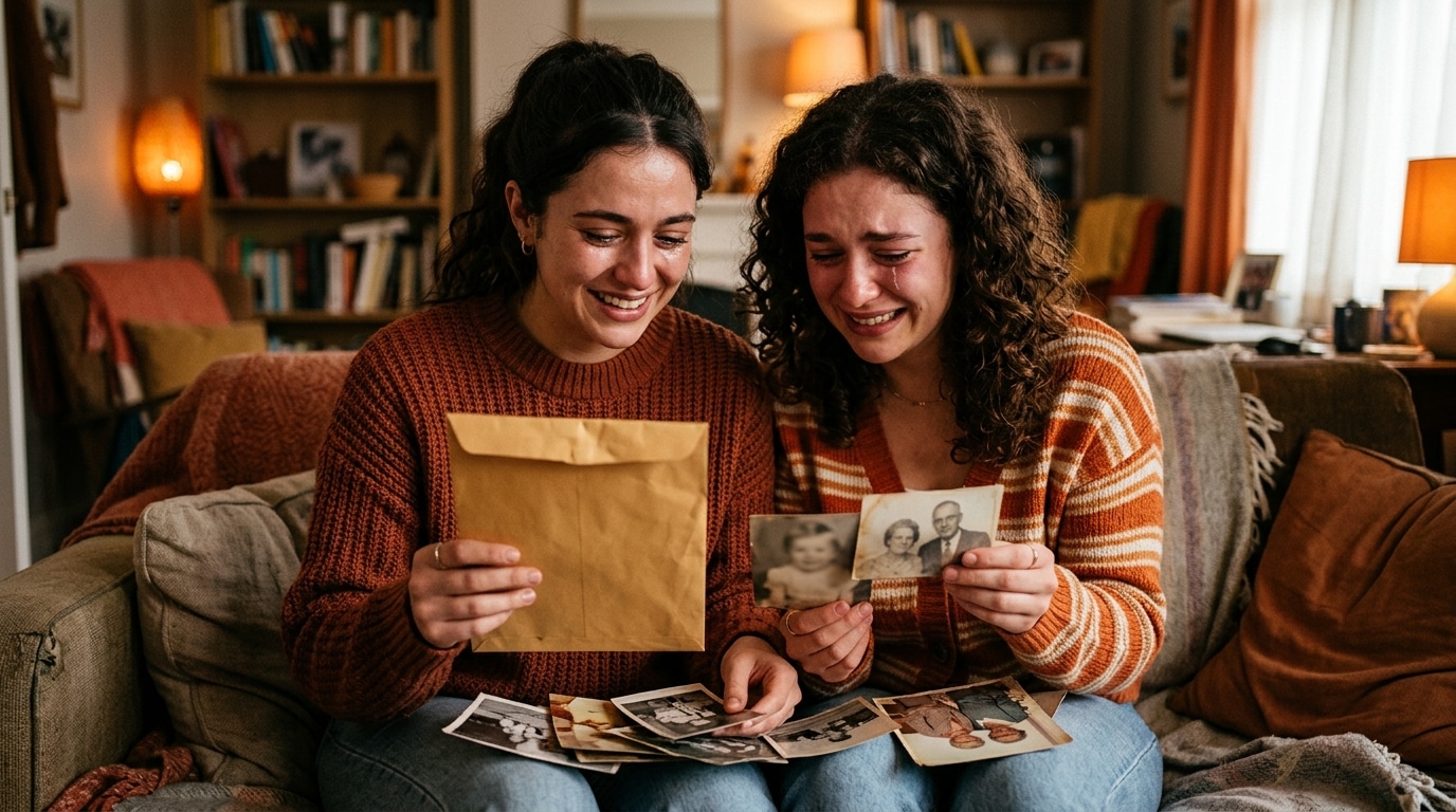 Deux sœurs comparent des photos et un test ADN