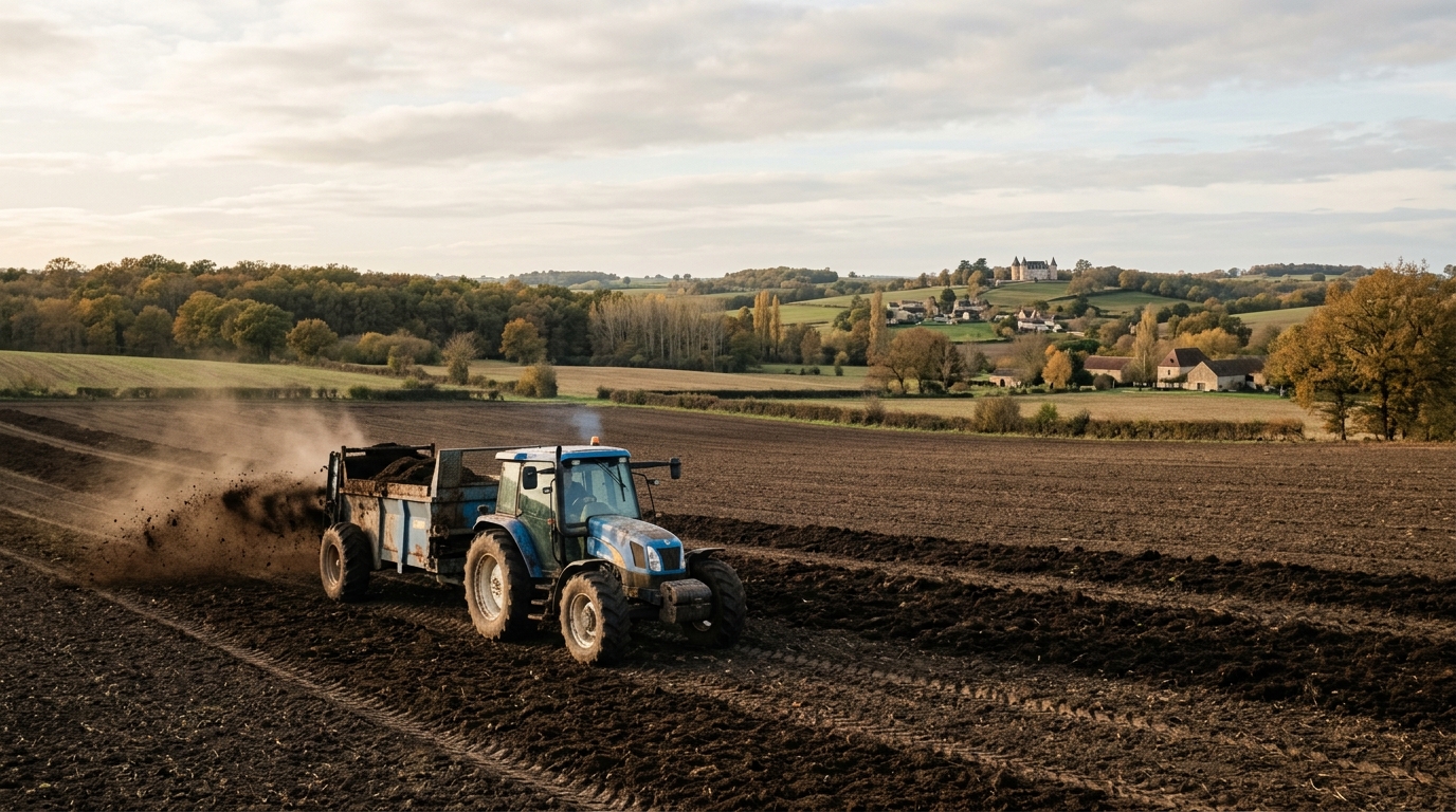 Tracteur épandant du compost sur un champ en automne