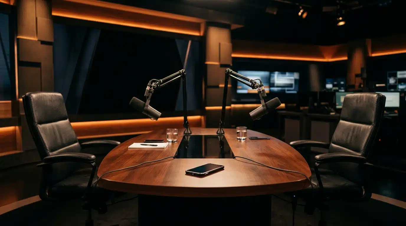 Table vide de plateau télé avec téléphone et micros