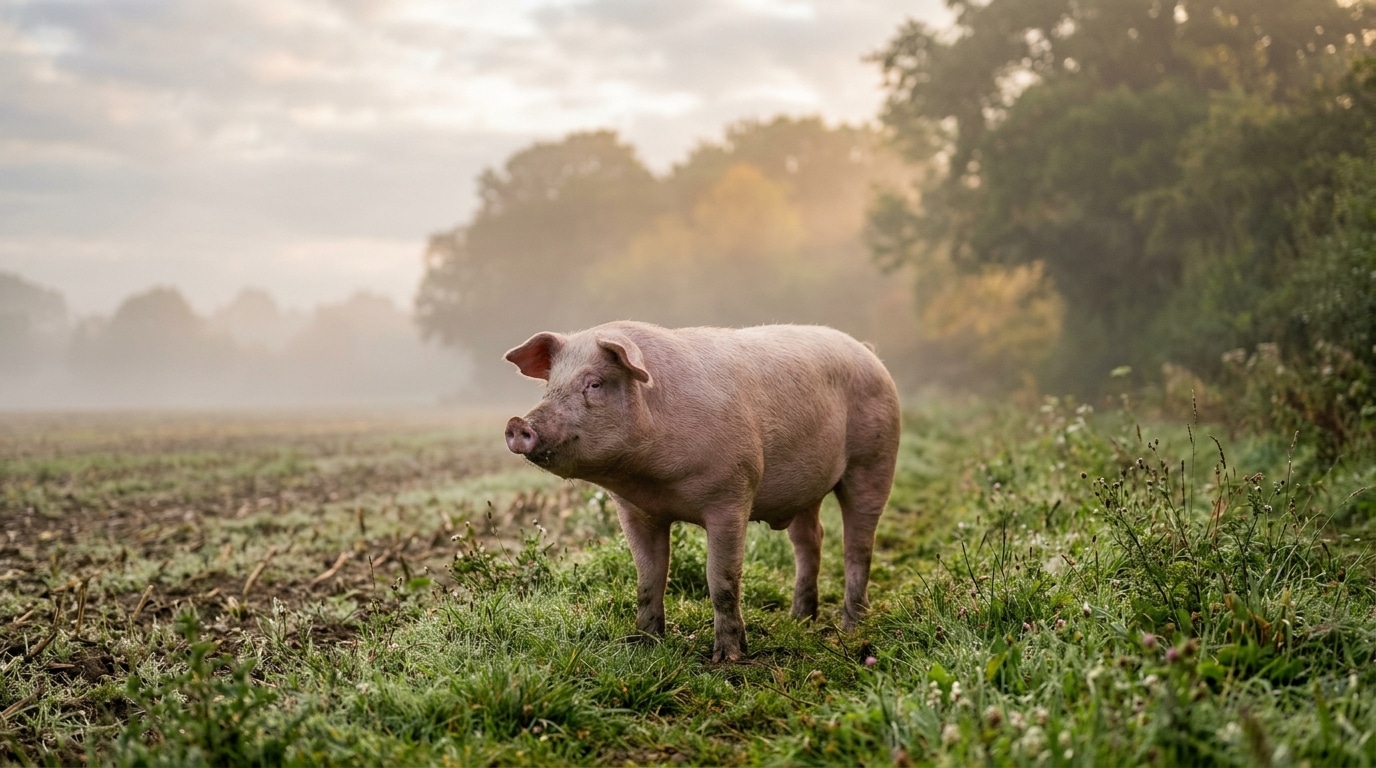 Cochon rose paisible dans un champ au petit matin