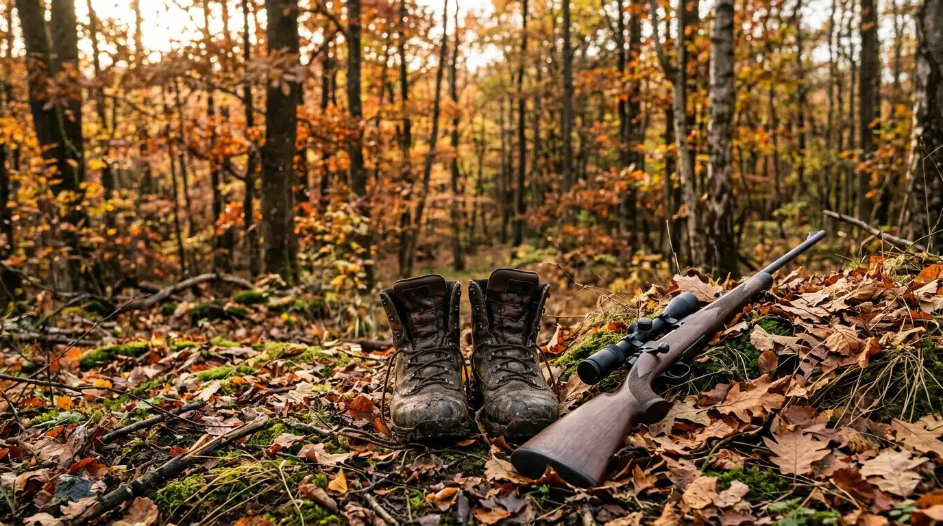 Bottes de chasseur et fusil posé en lisière de forêt