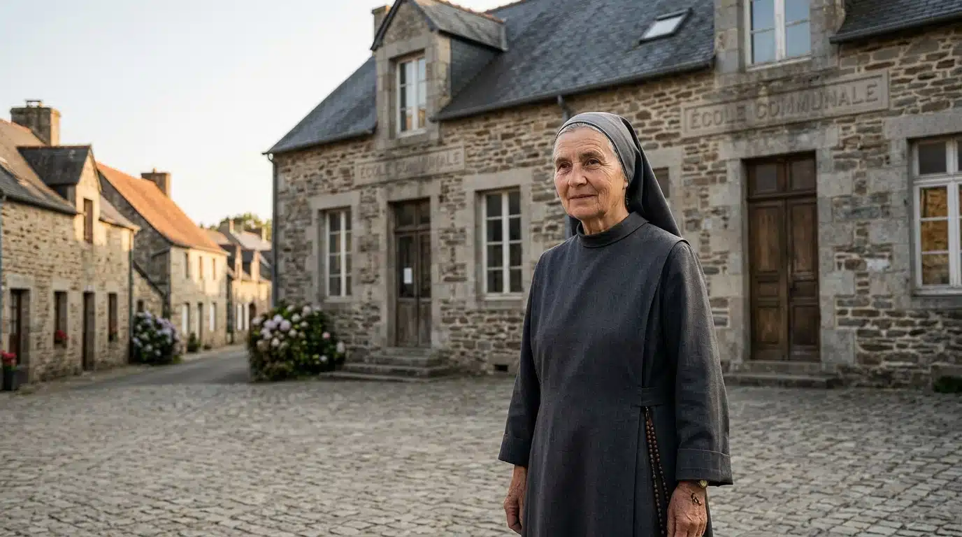 Religieuse devant un ancien bâtiment scolaire breton