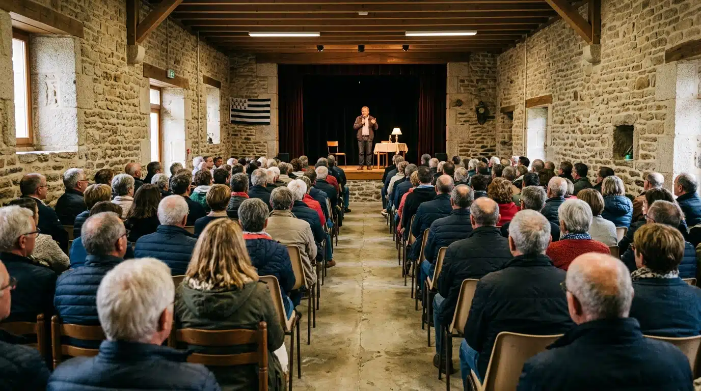Habitants assis dans une salle des fêtes bretonne