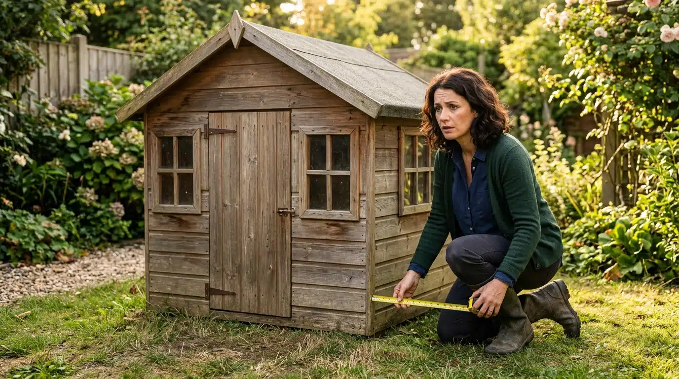 Femme mesurant une cabane en bois d'enfant dans son jardin