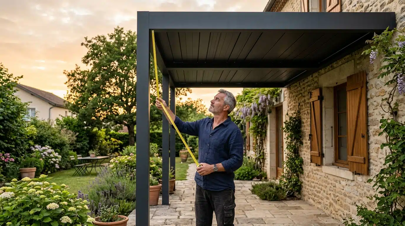 Homme sous une pergola en aluminium accolée à sa maison