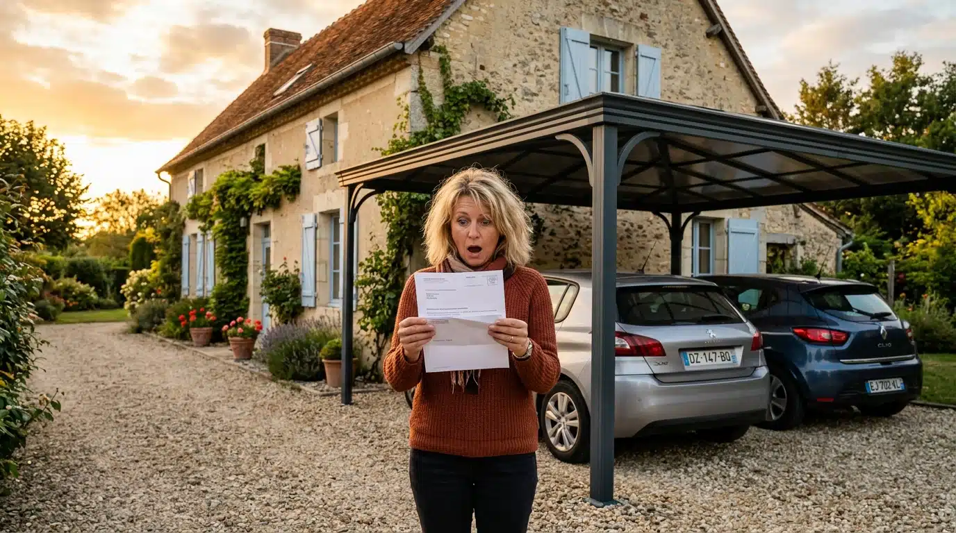 Femme devant un carport avec un courrier d'impôts en main