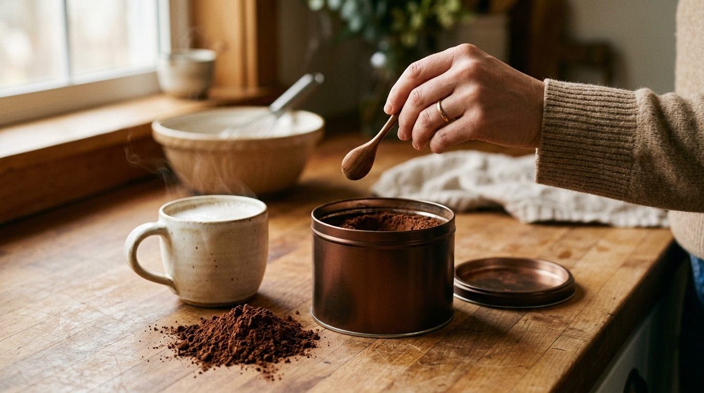 Boîte de cacao ouverte à côté d'un bol de lait