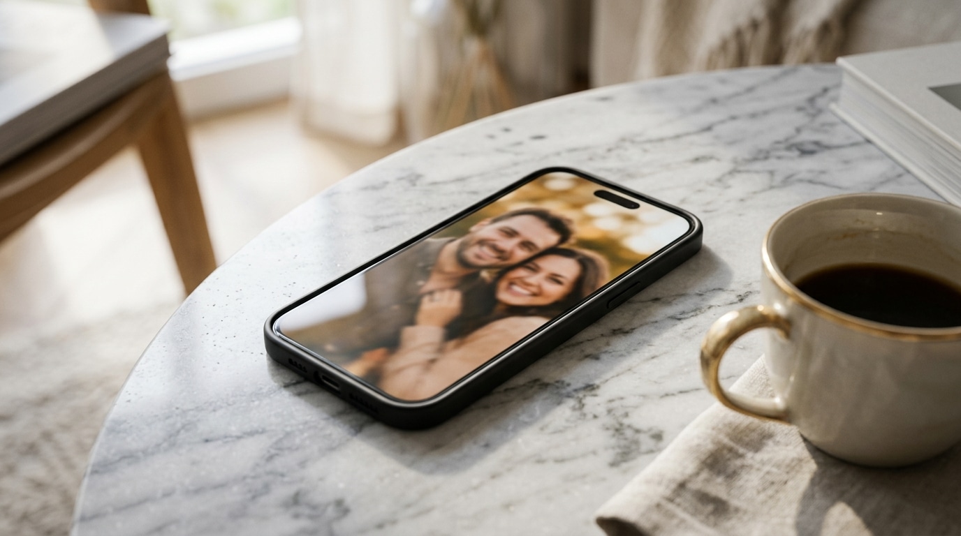 Smartphone posé sur une table affichant une photo de couple floue