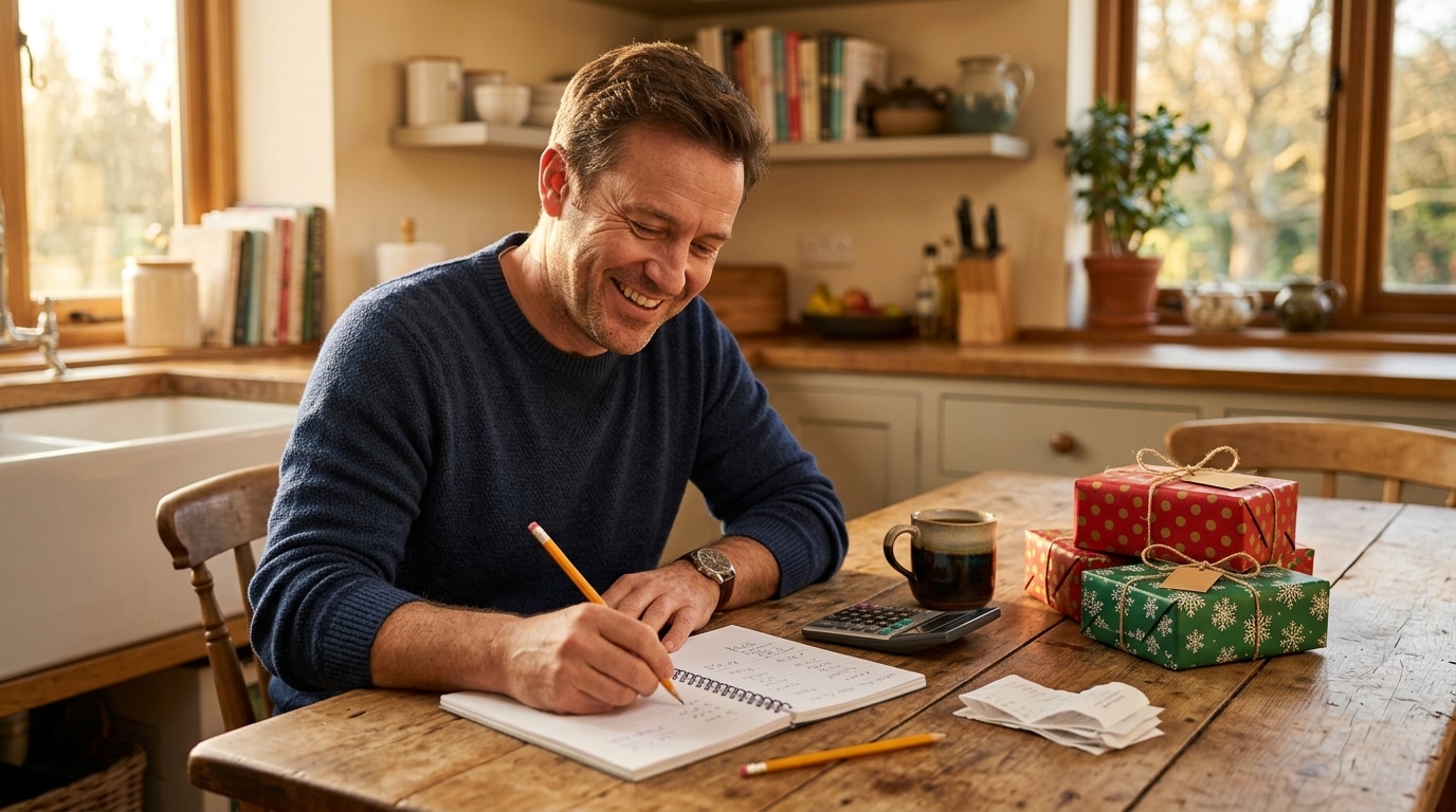 Homme planifiant son budget de cadeaux à la table de cuisine