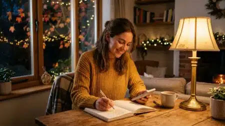 Femme rédigeant sa liste de cadeaux de Noël avec une calculatrice