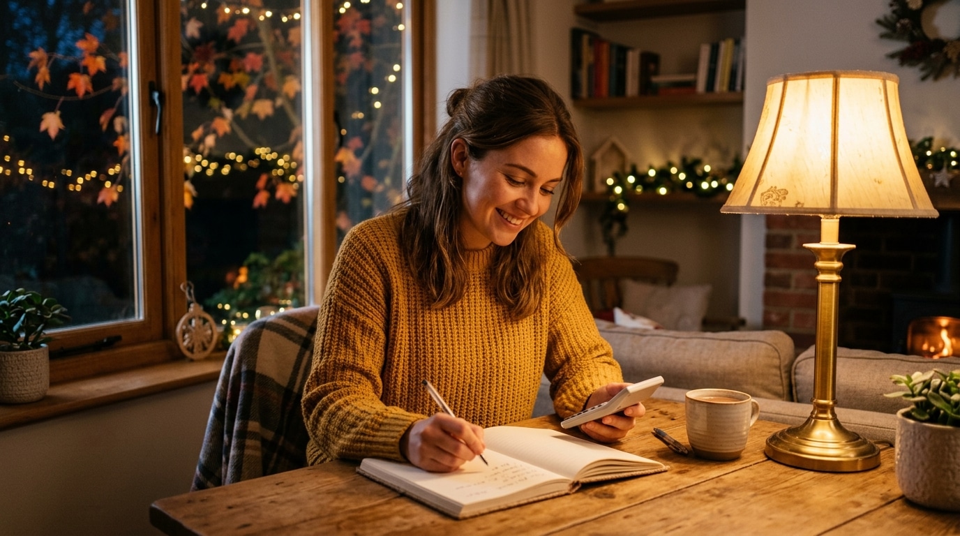 Femme rédigeant sa liste de cadeaux de Noël avec une calculatrice