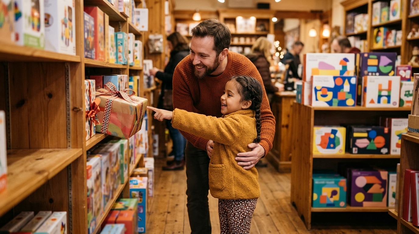 Père et enfant choisissant un jouet dans un magasin