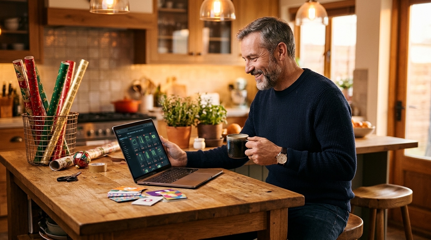 Homme comparant les prix en ligne avec des cartes cadeaux sur la table