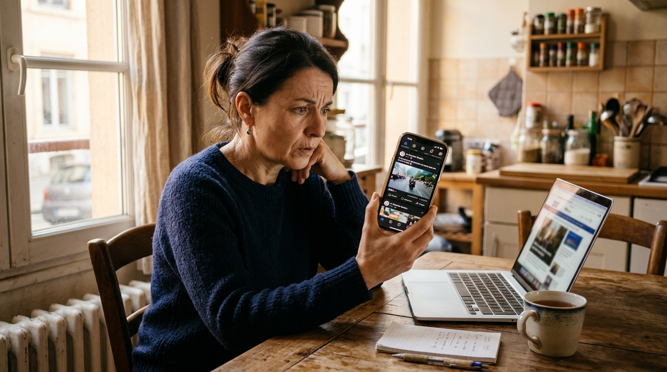 Femme perplexe devant une publication virale sur son téléphone
