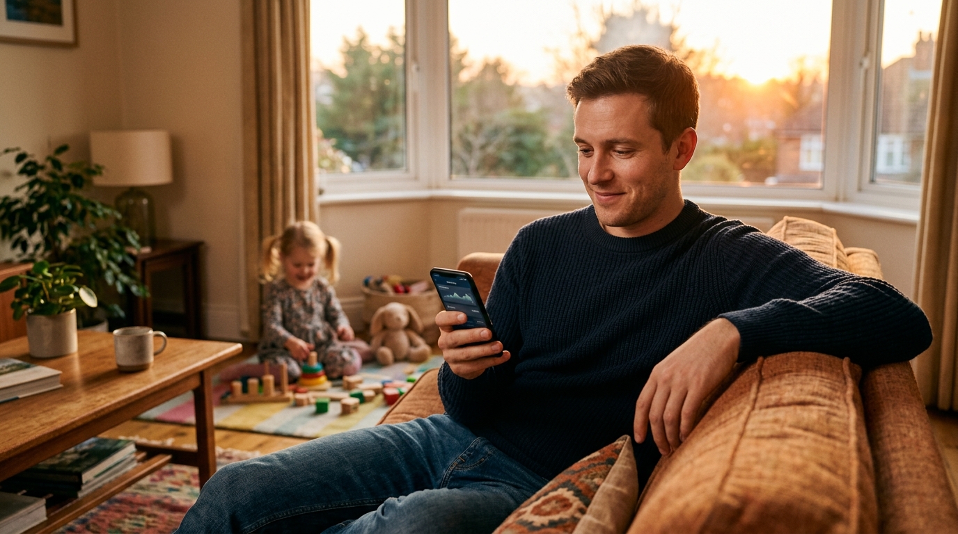 Père de famille vérifiant son compte bancaire sur son smartphone