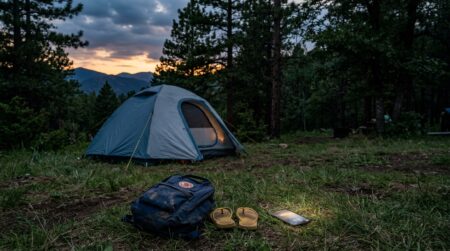 Tente de camping au crépuscule avec sac d'enfant et téléphone
