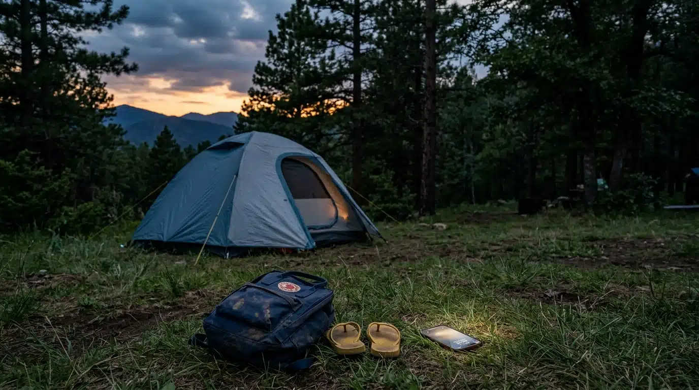 Tente de camping au crépuscule avec sac d'enfant et téléphone
